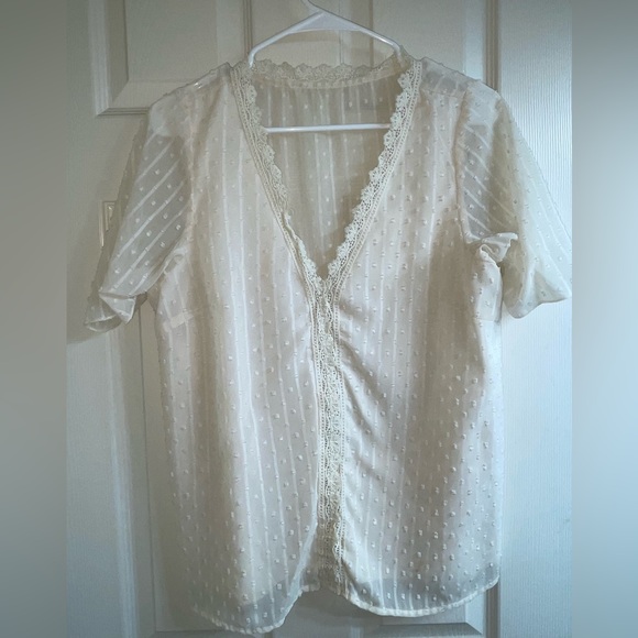 White dot lace contrast vneck blouse large - Picture 3 of 5